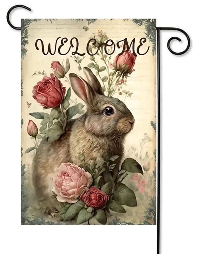 Garden flag with rabbit and pink roses, beige background, double-sided