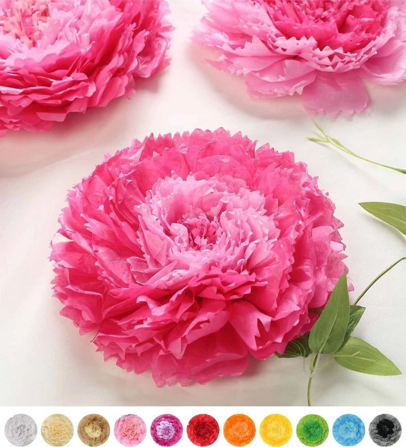 Pink tissue paper carnation flowers with green leaves, set of large backdrop blooms
