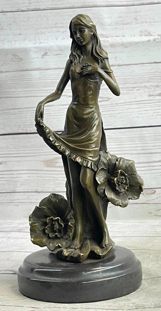 Handcrafted Bronze Figurine: Signed Moreau Lily Girl with Flowers - Art Deco Wom Lily