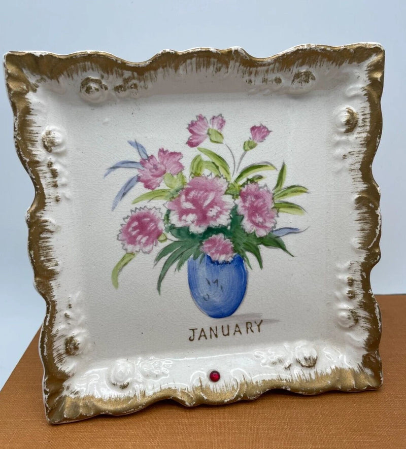 Vintage January Ceramic Wall or Desk Plaque - Carnation and Ruby Carnation