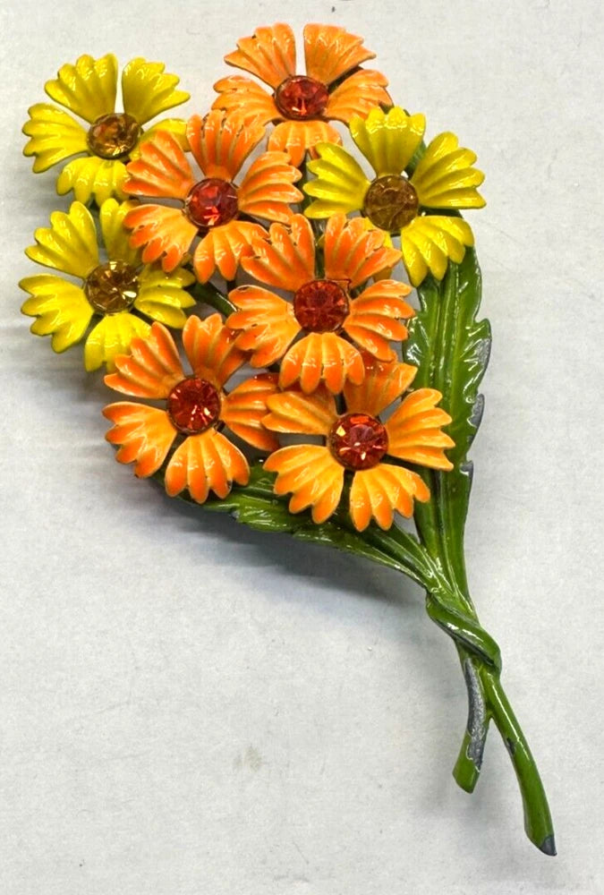 Vintage sunflower rhinestone pin brooch with yellow and orange flowers, green leaves