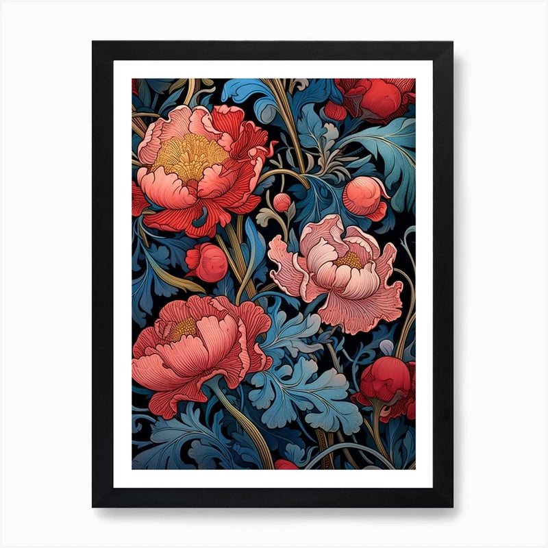 Framed peony floral wall art print with pink blossoms on dark blue background
