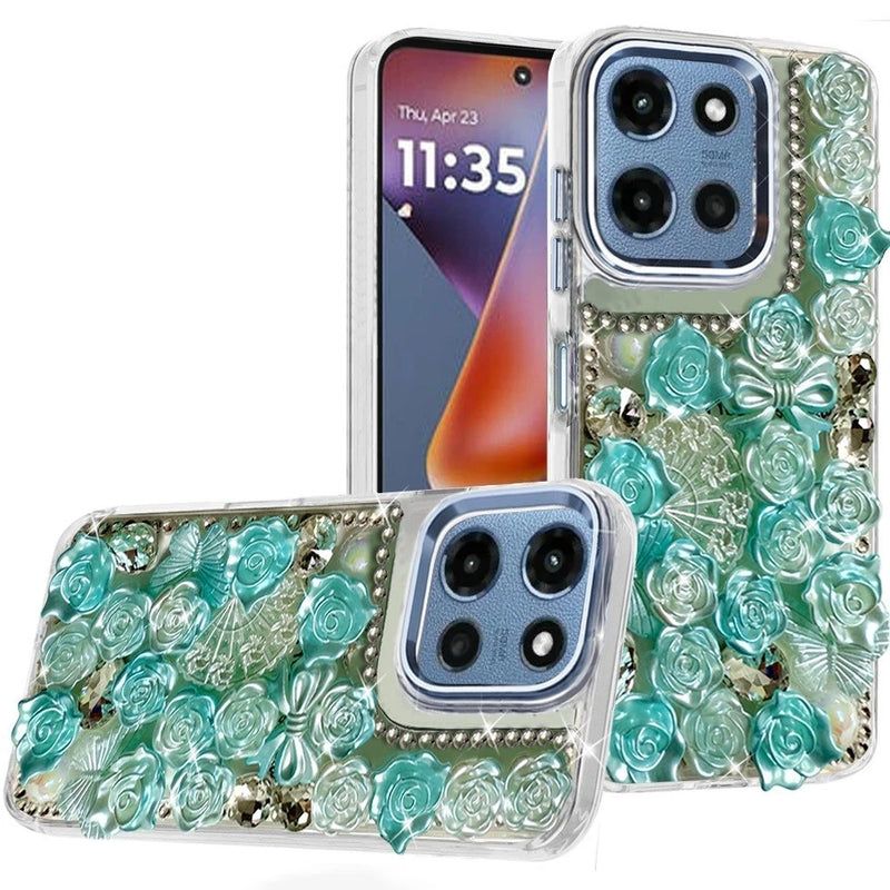Clear phone case with teal rose pattern and gem-like bling around camera cutouts