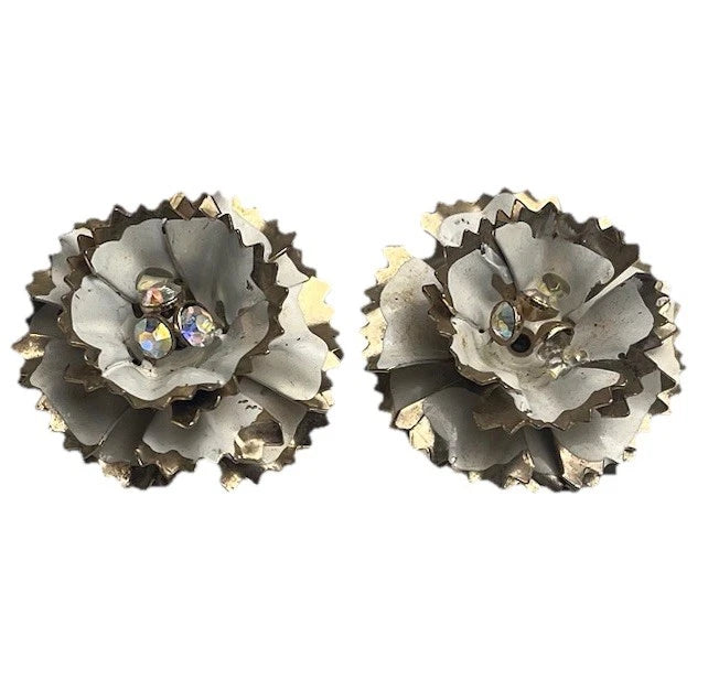 Gold tone carnation flower rhinestone clip-on earrings with scalloped petals