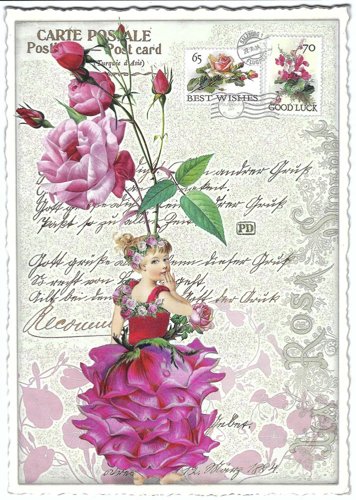 Glitter peony fairy postcard with pink flowers, butterflies, and a woman holding roses