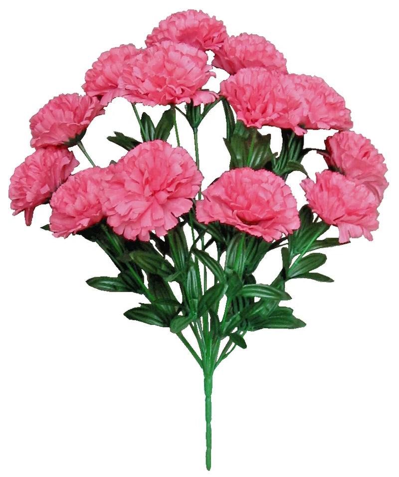 Pink carnation silk flower bush with ruffled pink blooms and green stems