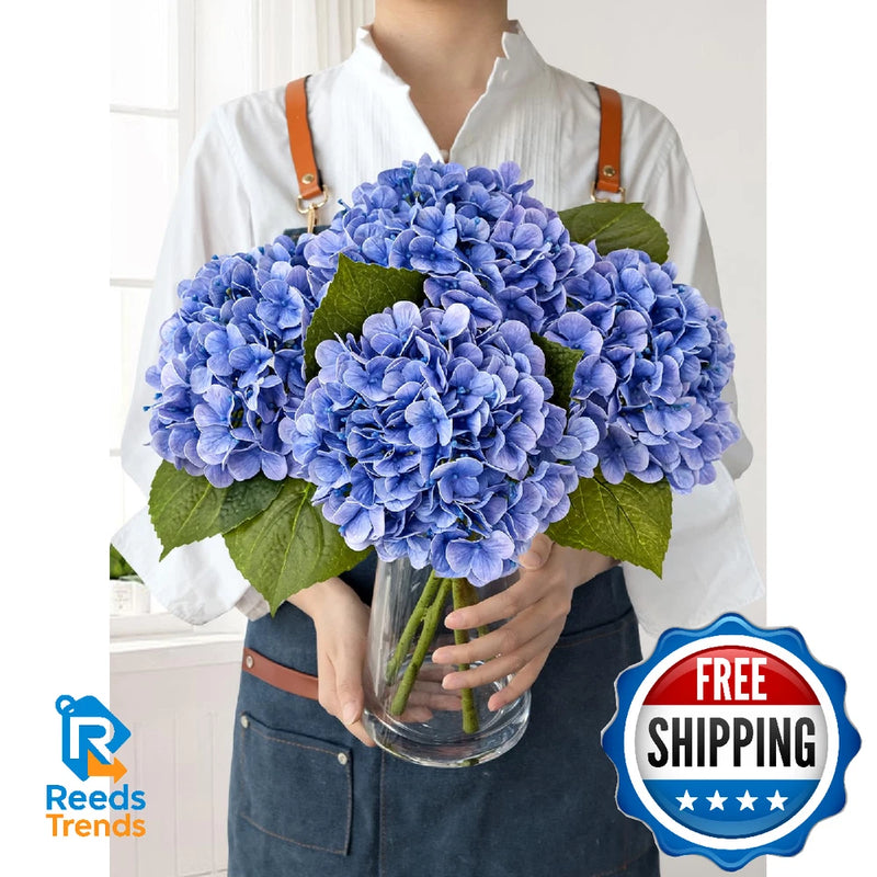 JINWOE Hydrangea Artificial Flowers Lifelike Latex Silk Faux Bouquet Royal Blue Hydrangea