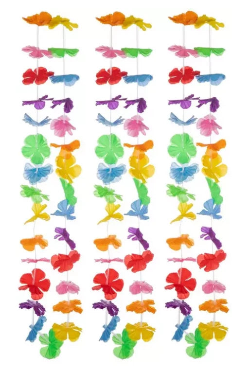 Silk carnation flower lei garland with multicolor pink, orange, blue, green, yellow blooms