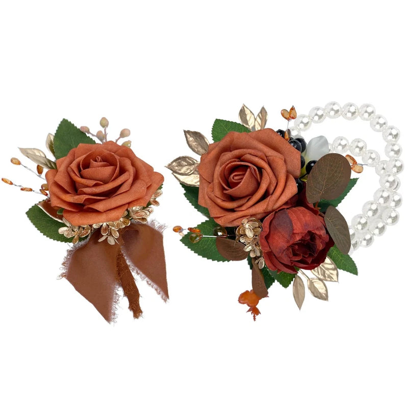 Burnt orange faux rose peony wrist corsage with pearl bracelet and coordinating boutonniere