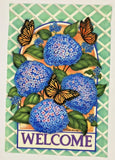 Monarch Butterflies on Blue Hydrangea Flowers Welcome Garden Flag 12" x 18" Hydrangea