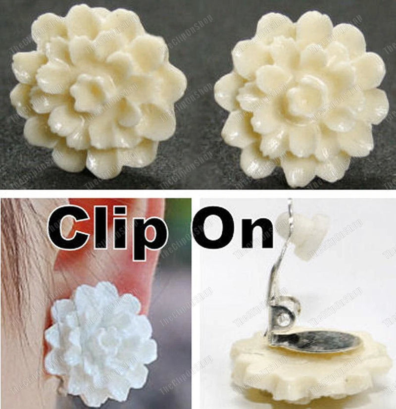 Clip-on peony flower earrings with large ivory/cream plastic blossoms, 2cm style