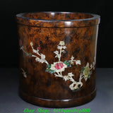 Woodgrain brush pot with painted peony flowers and birds, round cylindrical pencil holder