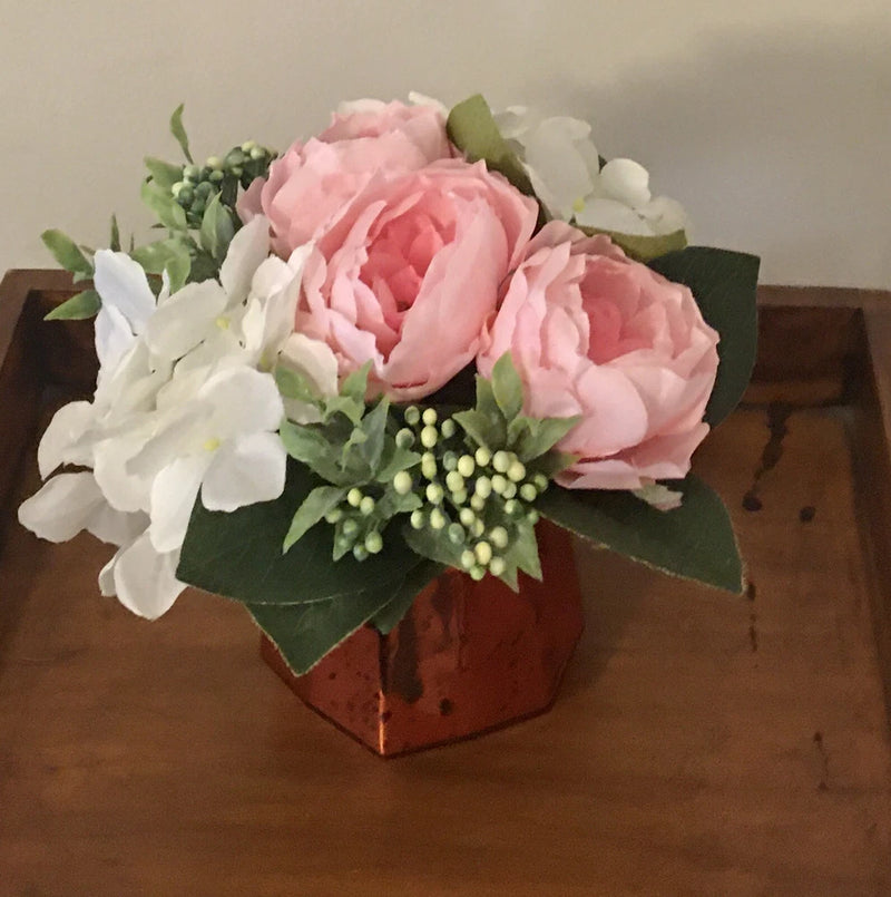 Floral Arrangement with Dahlia Hydrangea Berries in Bronze Glass Vase Handmade Hydrangea