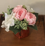 Floral Arrangement with Dahlia Hydrangea Berries in Bronze Glass Vase Handmade Hydrangea