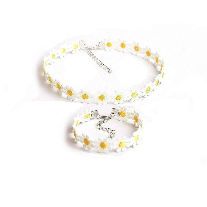 2pcs Lace Daisy Sunflower Choker Necklace Bracelet Flower Jewelry Set for Women Sunflower