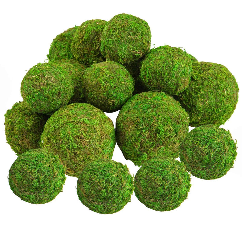 Set of 6 green faux dried moss balls, round textured decorative pieces