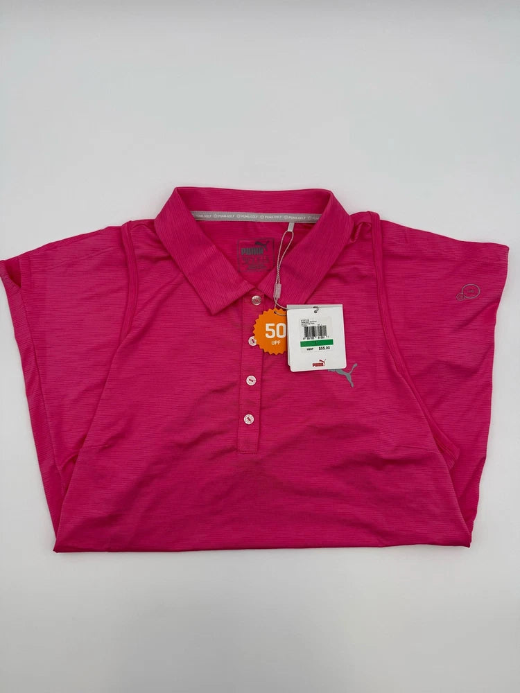 Adidas women's shocking pink polo shirt with collar, buttons, and chest logo