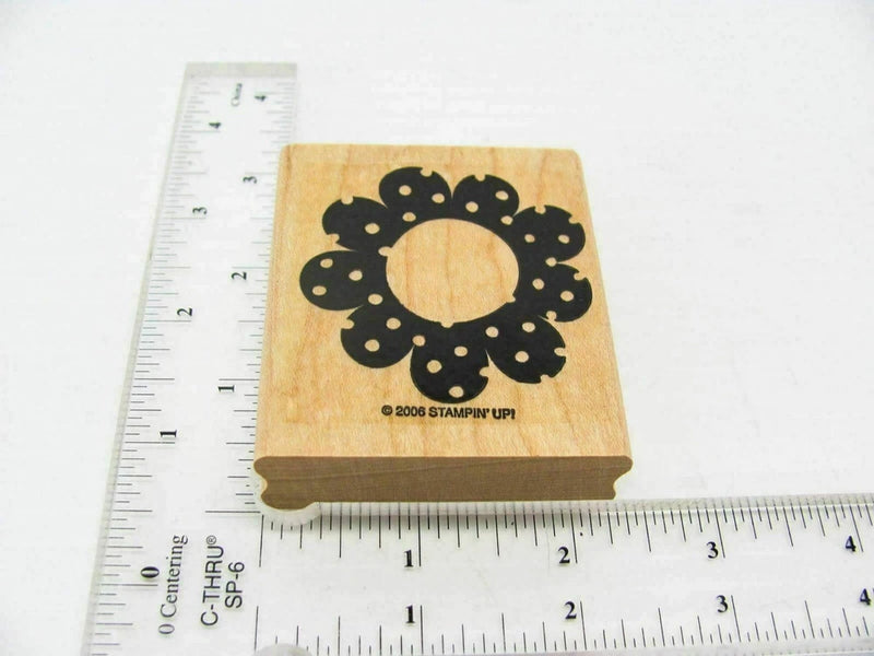 Sunflower rubber stamp on wood block, circular daisy-like floral design, black outline