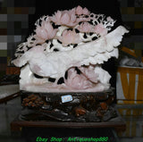17.3''China Natural Xiu Pink Jade Carving Peony Flower Bird Statue Sculpture Peony