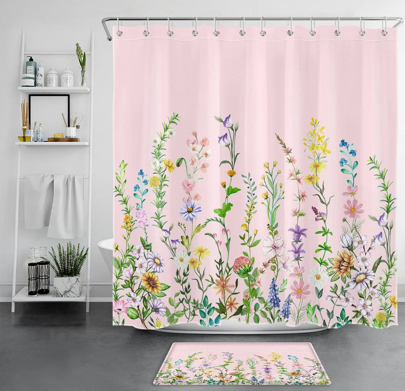 Farmhouse Yellow Sunflower Pink Flower Shower Curtain Set for Bathroom Decor Sunflower