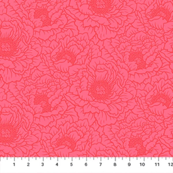 Coral peony floral fabric swatch with full-bloom blossoms and leaf pattern