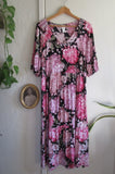 H&M Pink Black Hydrangea Print Maxi Dress Cottage Boho Whimsygoth Rayon, Medium Hydrangea