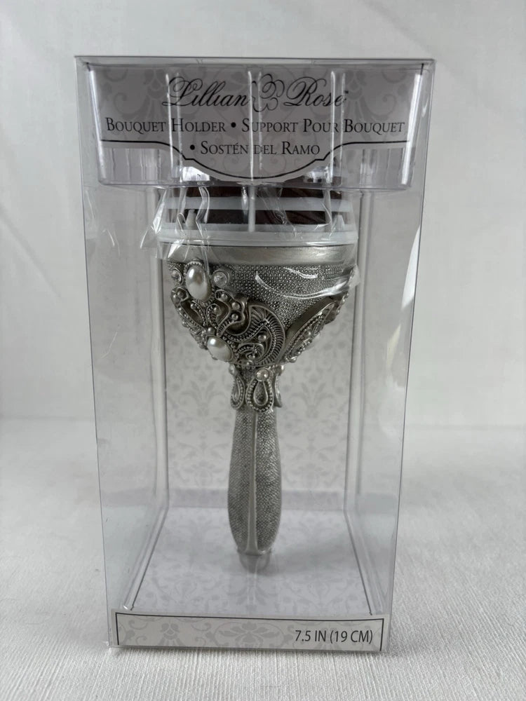Lillian Rose Wedding Flower Bouquet Holder Silver color Rhinestone & Pearl NIB Bouquet
