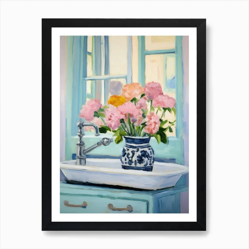 Framed wall art print with a blue pitcher holding pink carnations on a light blue table