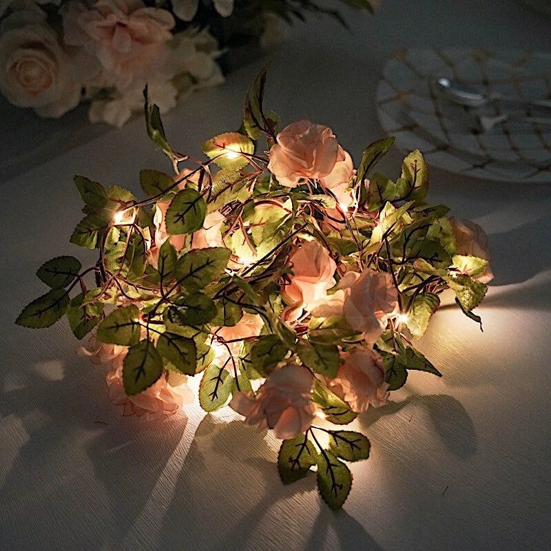7 feet Blush Roses Leaves FAIRY LIGHTS Battery Operated LED Garland Party Events Bouquet