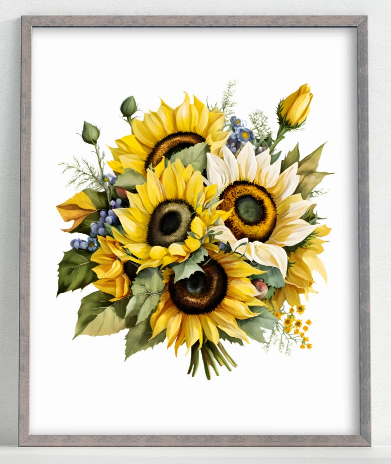Framed sunflower floral art print with yellow blooms and green leaves