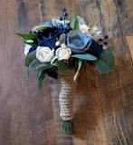 Navy Dusty Blue Bridesmaid Decor Bouquet  Thistle Sola Wood Wedding Flower Girl Hydrangea