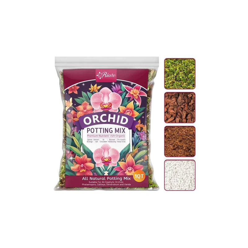 1QT orchid potting mix bag with colorful orchid label and all-natural potting mix