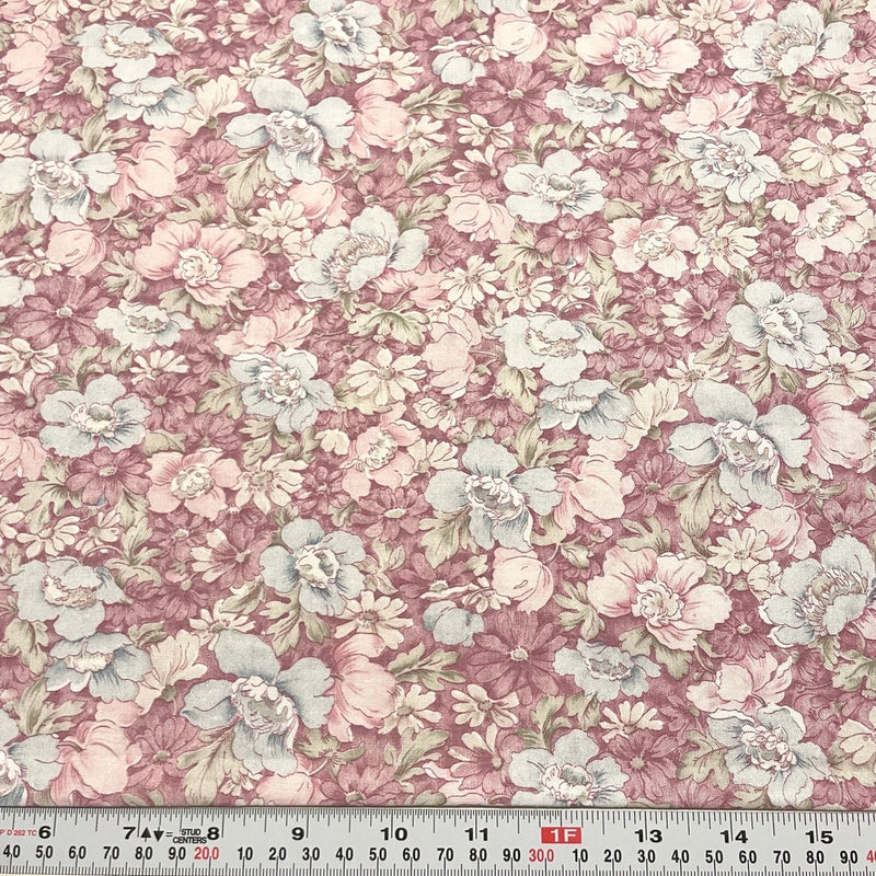 Vintage Peter Pan Fabrics Blue Green Pink Florals Cotton Fabric by the HALF YARD Flowering Plants