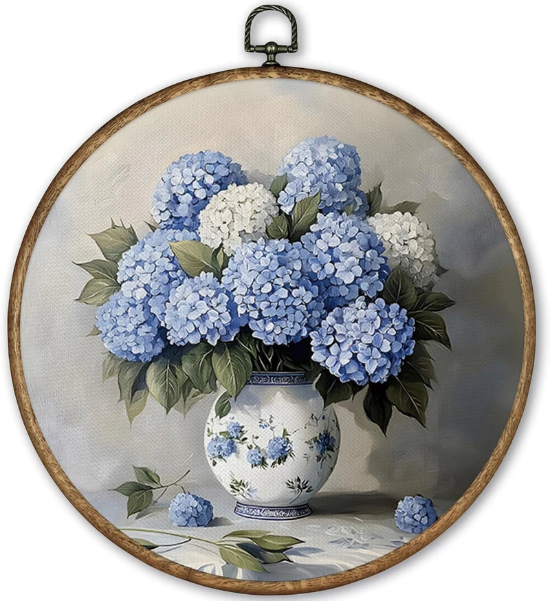Vintage Hydrangea Flowers round Wall Art Decor Framed 10X10, Blue and White Chin Hydrangea