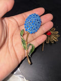 Vintage Blue Rhinestone Hydrangea Flower Brooch Gold Tone Enamel Leaf Hydrangea