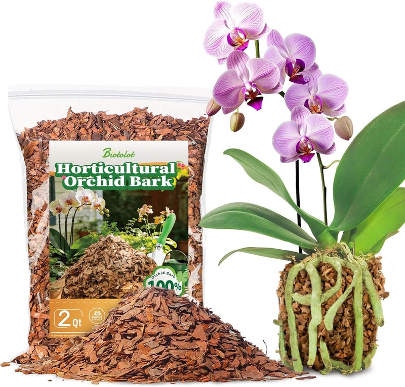 Orchid bark mulch bag and chopped brown bark with orchid roots