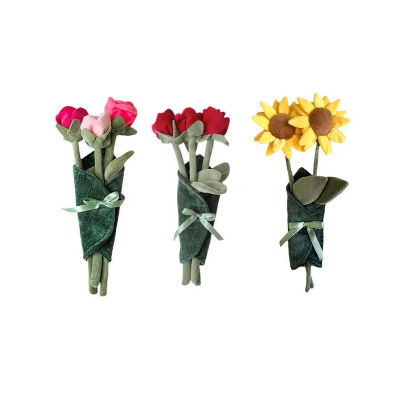 Plush flower bouquet decor with pink, red roses and yellow sunflower, wrapped in green