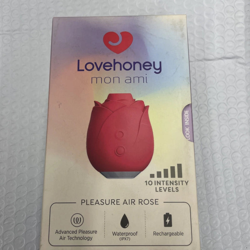 Lovehoney Mon Ami Pleasure Air suction vibrator packaging with red rose heart design
