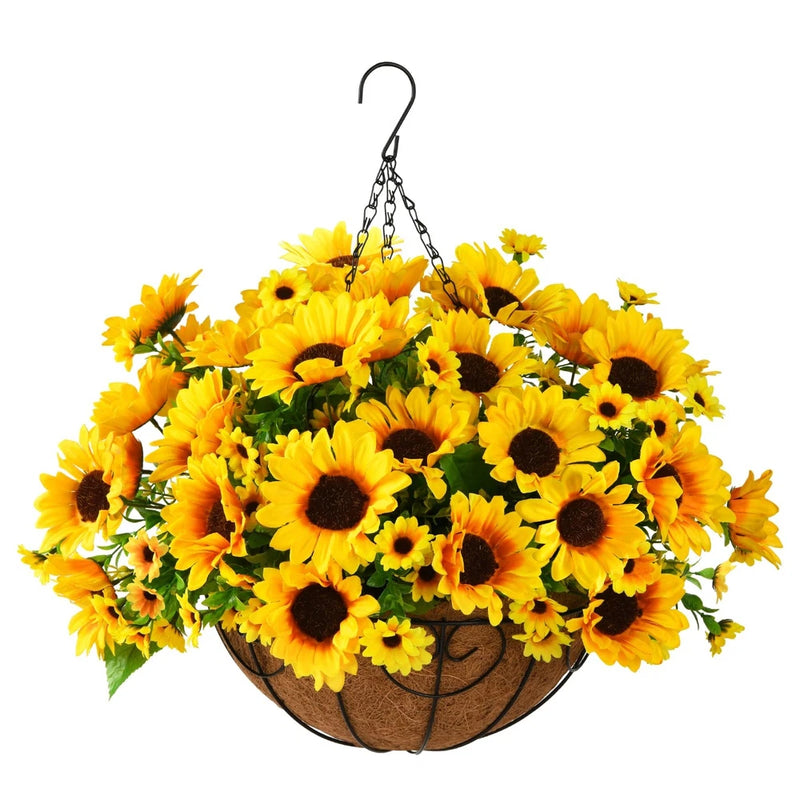 Hanging faux sunflower basket with yellow blooms, dark centers, and green leaves; metal hook