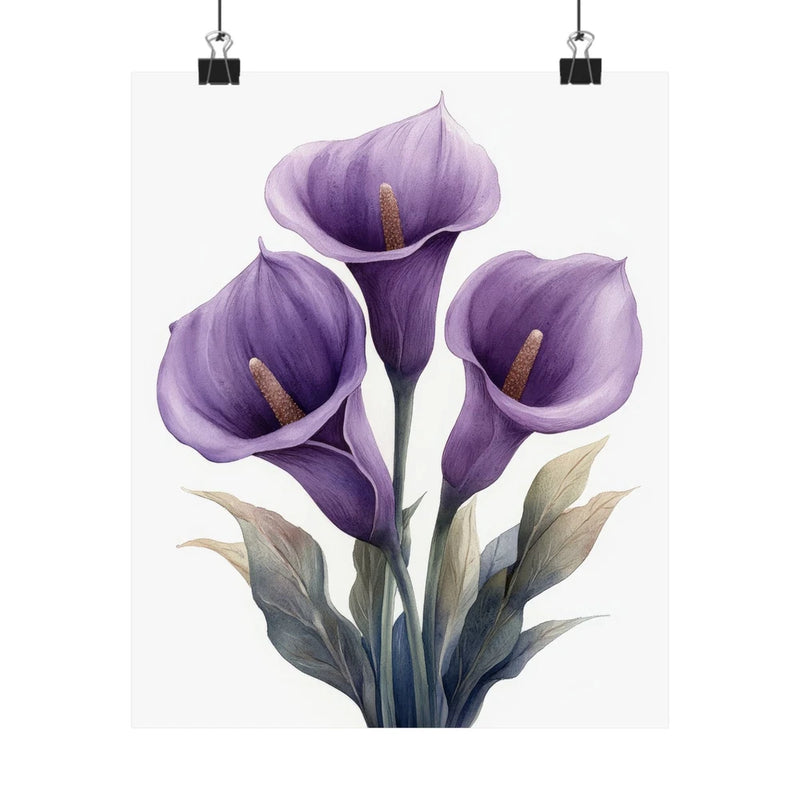Lavender calla lily flower art print poster with three blooms and green leaves