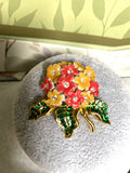 Vtg Joan Rivers HYDRANGEA FLOWER Pin enameling pink yellow gold tone rhinestones Hydrangea