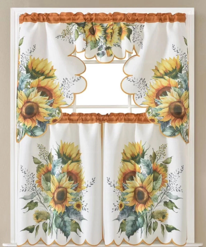 Sunflower print kitchen curtain tier with matching valance, scalloped edge, orange ruffle top.