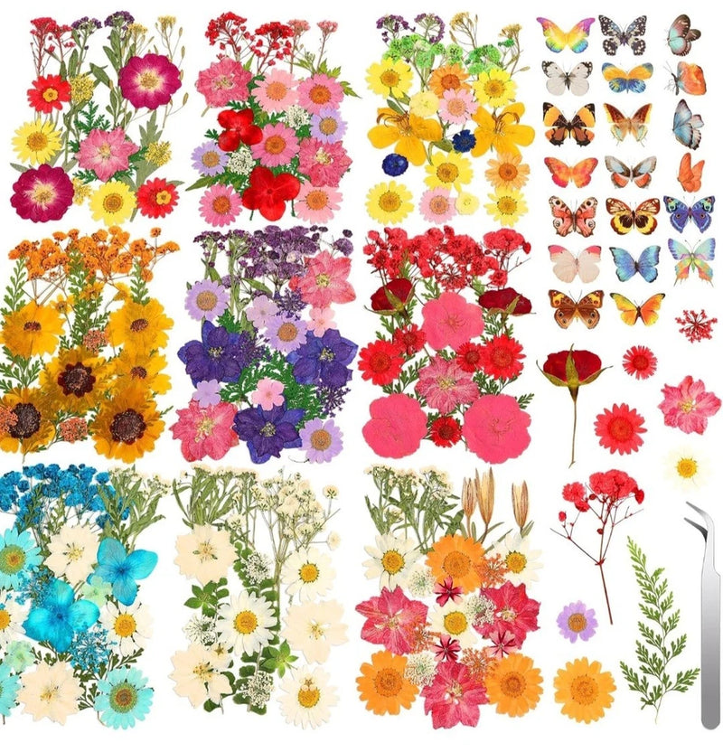 Pressed dried flowers assortment with butterfly shapes, multicolor for resin, 235 pieces