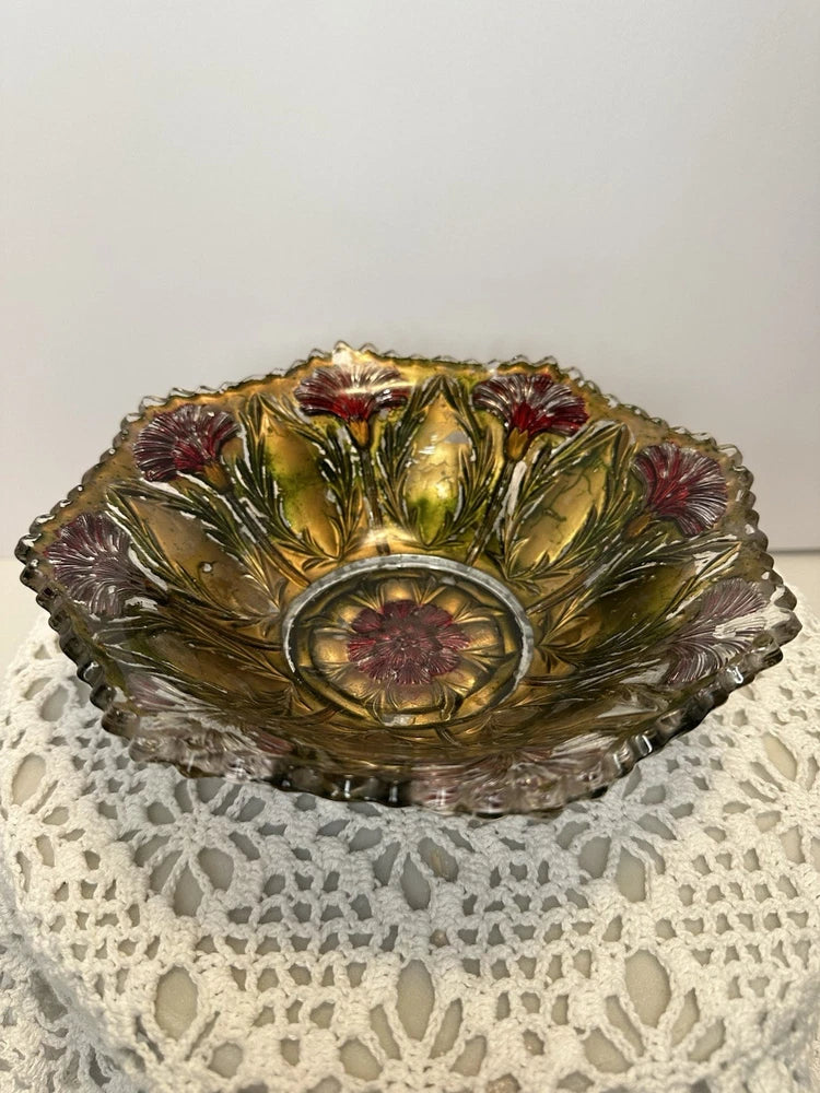 Vintage Goofus Glass Lancaster Carnation Gold Red 9Ó Bowl READ DESCRIPTION Carnation
