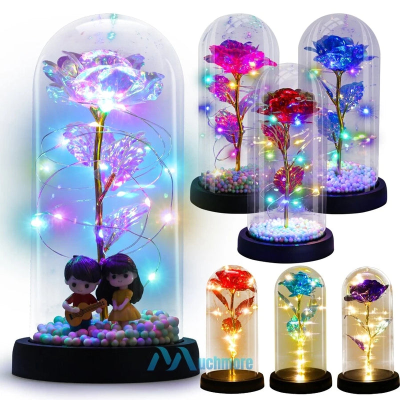 Illuminated rose tree in clear glass dome with multicolor LED lights and base