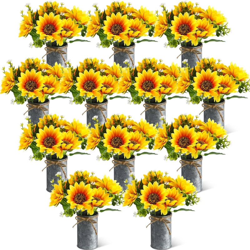 Artificial sunflower bouquet set with 12 metal pots, yellow and orange blooms with green leaves