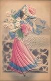 Easter Flowers Woman Pink Dress & Blue Hat with Lilies Greetings Vintage Lily