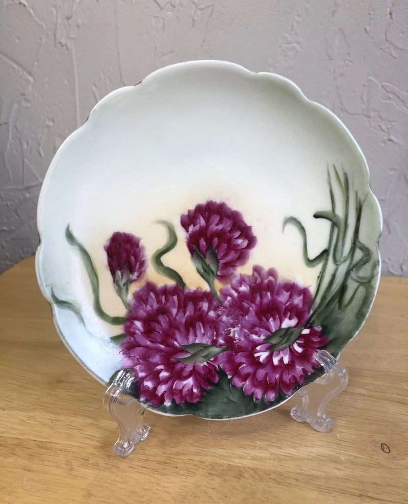 VTG Bavarian DESSERT PLATE Green Foliage DARK PINK CARNATION Scalloped Edge 6" Carnation