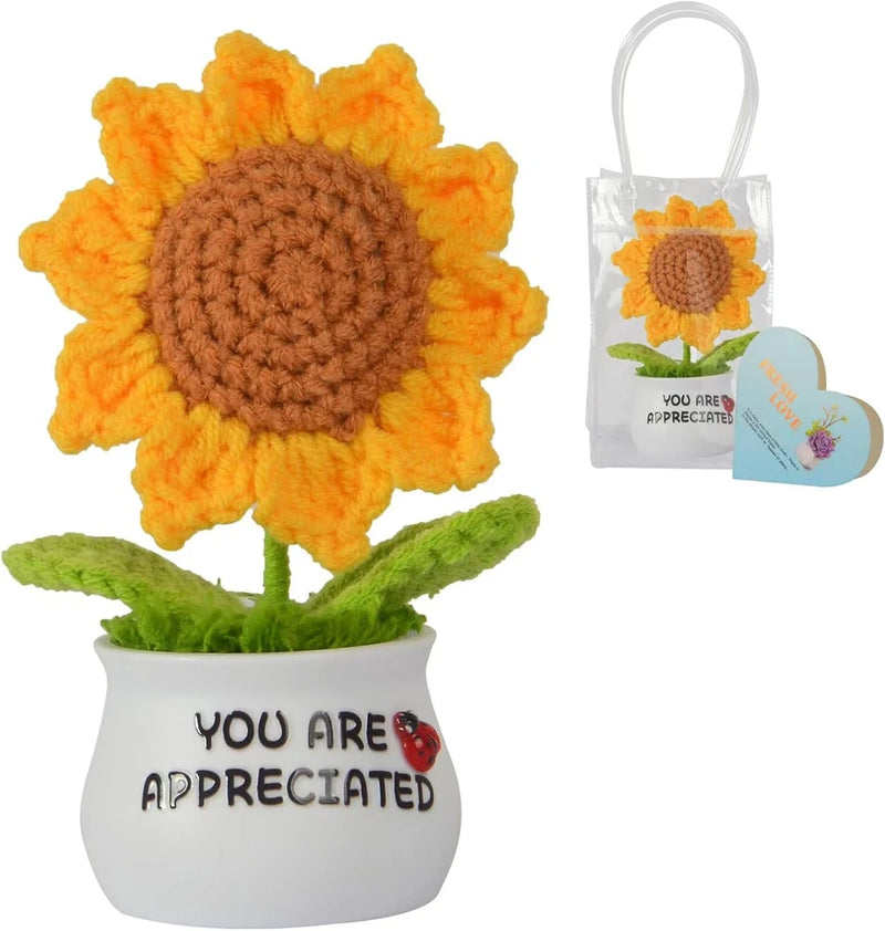 Crochet sunflower with orange petals and brown center in white pot, text 'YOU ARE APPRECIATED'