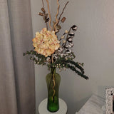 Artificial Hydrangea Flower Arrangement in Clear Green Glass Vase Hydrangea